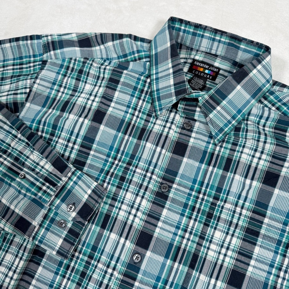 Alexander Julian Colours Mens XLT Plaid Button Up Shirt Teal Navy Long Sleeve